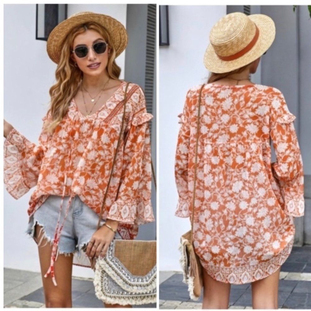 NWT! BOUTIQUE CANTELOWE FLORAL FLOWING BOHEMIAN SUMMER BABYDOLL BLOUSE-LARGE